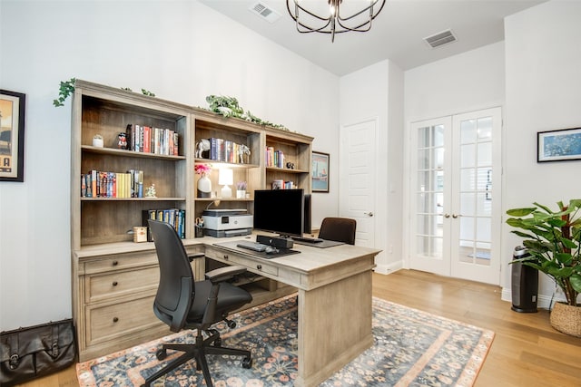 3717 Silver Birch Dr, Mckinney, TX 75071 - home office featuring french doors, light wood-style floors, a chandelier, and baseboards