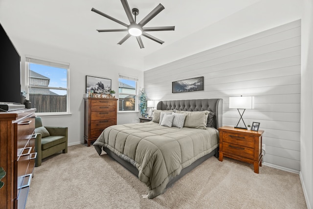 1224 Caprock Dr, Forney, TX 75126 - bedroom featuring light carpet, a ceiling fan, and wooden walls