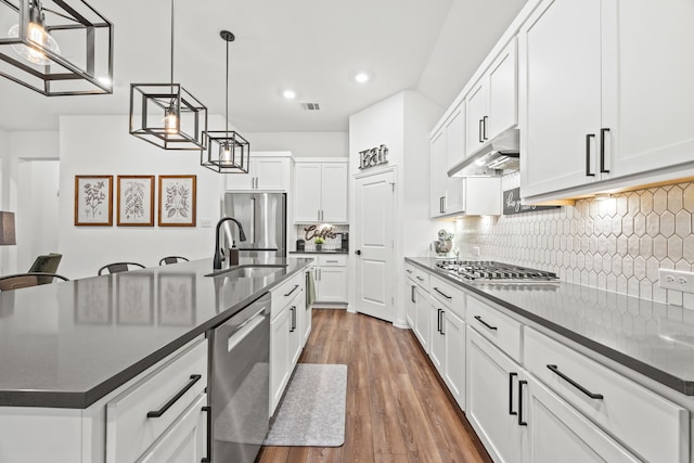 1224 Caprock Dr, Forney, TX 75126 - kitchen featuring stainless steel appliances, under cabinet range hood, recessed lighting, wood finished floors, and tasteful backsplash