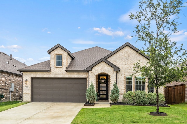 1224 Caprock Dr, Forney, TX 75126 - french country home with roof with shingles, brick siding, a garage, and driveway