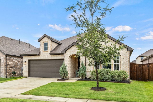 1224 Caprock Dr, Forney, TX 75126 - french country style house featuring brick siding, roof with shingles, an attached garage, and concrete driveway