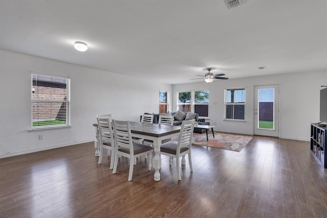 4506 Maplewood Ave, Balch Springs, TX 75180 - dining space with dark wood finished floors, ceiling fan, and baseboards