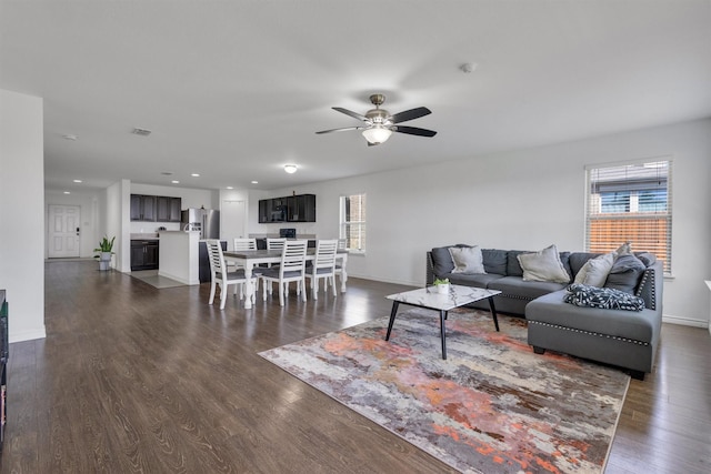 4506 Maplewood Ave, Balch Springs, TX 75180 - living room featuring ceiling fan, baseboards, dark wood-style floors, and recessed lighting