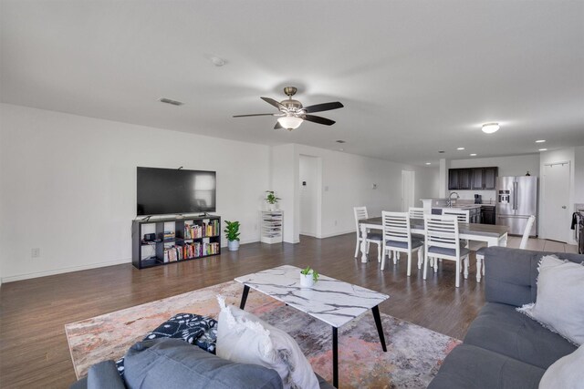 4506 Maplewood Ave, Balch Springs, TX 75180 - living room with a ceiling fan, wood finished floors, baseboards, and recessed lighting