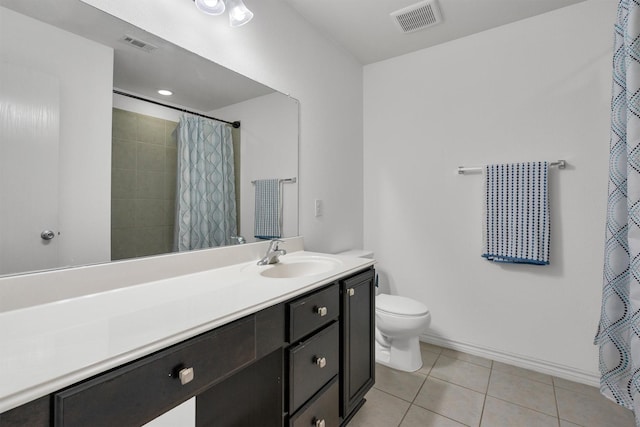 4506 Maplewood Ave, Balch Springs, TX 75180 - bathroom featuring vanity, toilet, tile patterned floors, curtained shower, and baseboards