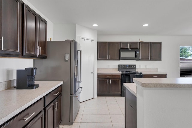 4506 Maplewood Ave, Balch Springs, TX 75180 - kitchen featuring black appliances, light countertops, light tile patterned floors, dark brown cabinetry, and recessed lighting