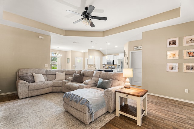 105 Mission Crest Cir, Lindale, TX 75771 - living room with dark wood-style flooring, ceiling fan, a chandelier, baseboards, and recessed lighting