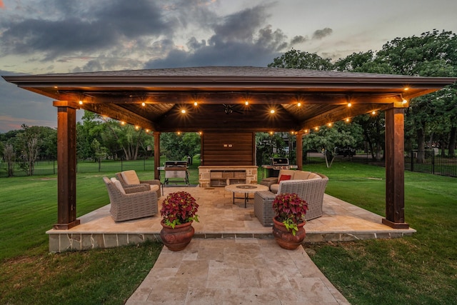 215 Thornhill Cir, Double Oak, TX 75077 - view of patio / terrace with an outdoor living space with a fireplace and a gazebo