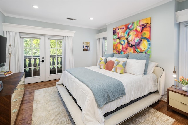3702 Holland Ave Unit 1, Dallas, TX 75219 - bedroom with french doors, access to outside, wood finished floors, crown molding, and recessed lighting