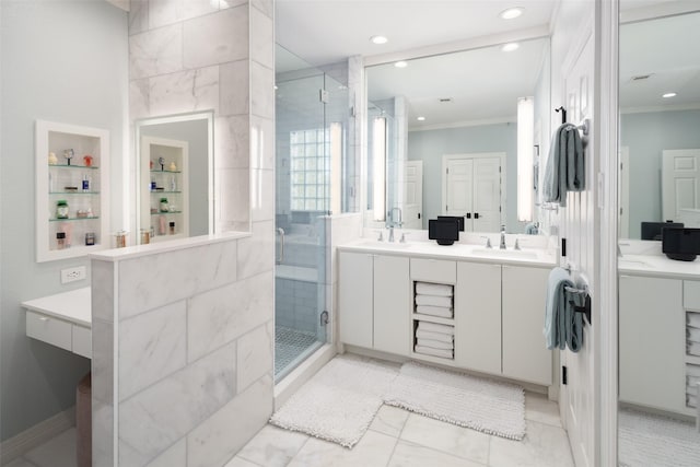 3702 Holland Ave Unit 1, Dallas, TX 75219 - full bath with double vanity, a stall shower, recessed lighting, and ornamental molding