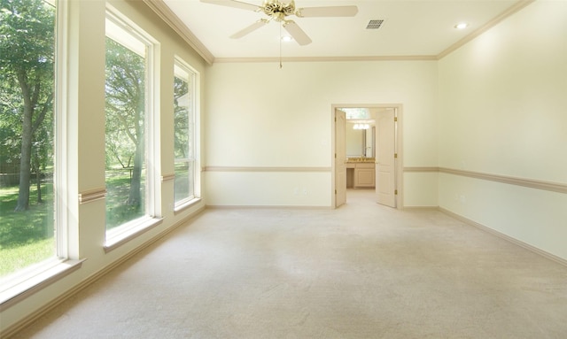 332 Diamond Oaks Dr, Hudson Oaks, TX 76087 - empty room featuring light colored carpet, ornamental molding, ceiling fan, baseboards, and recessed lighting