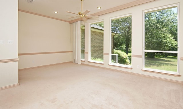 332 Diamond Oaks Dr, Hudson Oaks, TX 76087 - carpeted spare room with ornamental molding, ceiling fan, recessed lighting, and baseboards