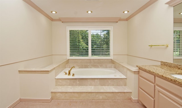 332 Diamond Oaks Dr, Hudson Oaks, TX 76087 - full bathroom with vanity, a garden tub, ornamental molding, and recessed lighting
