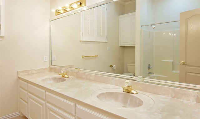 332 Diamond Oaks Dr, Hudson Oaks, TX 76087 - full bathroom with double vanity, toilet, bathtub / shower combination, and ornamental molding