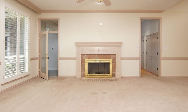 332 Diamond Oaks Dr, Hudson Oaks, TX 76087 - unfurnished living room with a ceiling fan, ornamental molding, plenty of natural light, carpet, and a fireplace