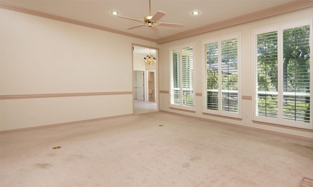 332 Diamond Oaks Dr, Hudson Oaks, TX 76087 - unfurnished room featuring ornamental molding, carpet, a chandelier, recessed lighting, and ceiling fan