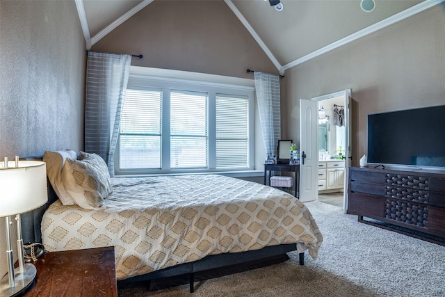 3420 Grayson Ct, Hurst, TX 76054 - carpeted bedroom with crown molding, vaulted ceiling, and connected bathroom