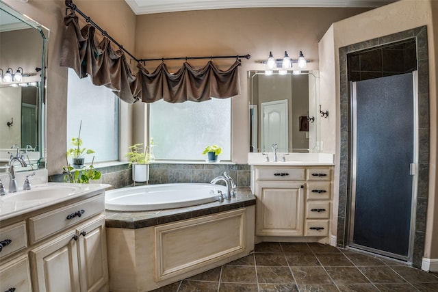 3420 Grayson Ct, Hurst, TX 76054 - full bathroom with two vanities, a garden tub, and a shower stall