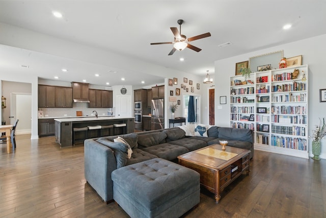 3385 Dps Tower Rd, Perrin, TX 76486 - living area with ceiling fan, dark wood-type flooring, and recessed lighting