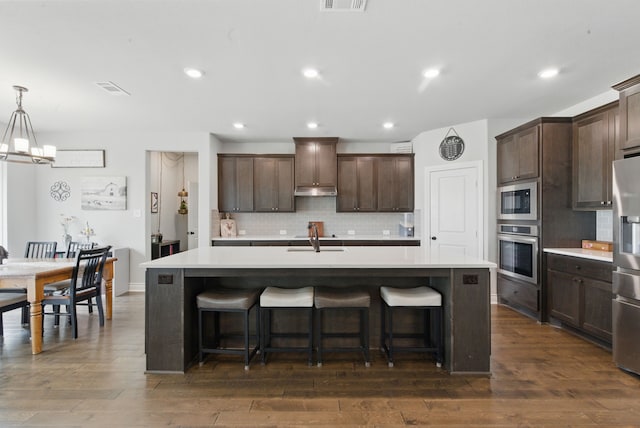 3385 Dps Tower Rd, Perrin, TX 76486 - kitchen with appliances with stainless steel finishes, a center island with sink, light countertops, tasteful backsplash, and recessed lighting