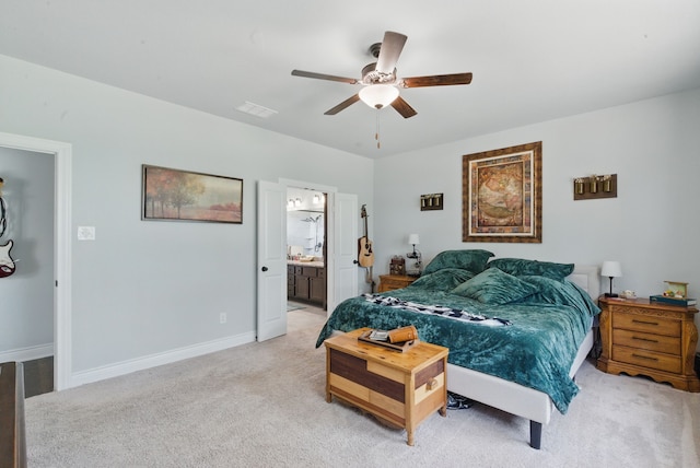 3385 Dps Tower Rd, Perrin, TX 76486 - bedroom with light colored carpet, ensuite bathroom, and ceiling fan