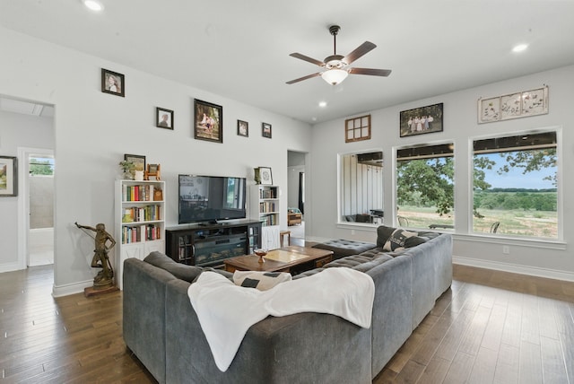 3385 Dps Tower Rd, Perrin, TX 76486 - living area with ceiling fan, dark wood-style floors, and recessed lighting
