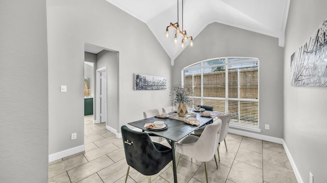 5709 Courtney Cir, Haltom City, TX 76137 - dining space with vaulted ceiling, light tile patterned floors, baseboards, and a chandelier