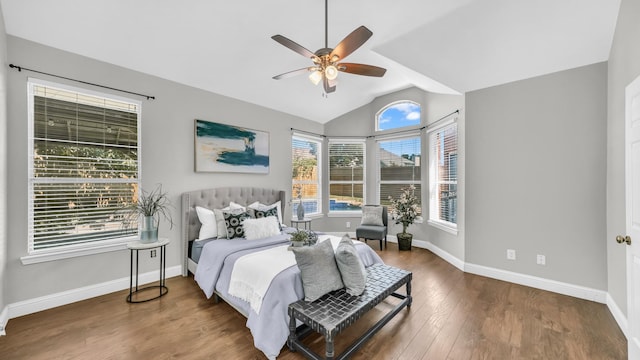 5709 Courtney Cir, Haltom City, TX 76137 - bedroom featuring wood finished floors, lofted ceiling, baseboards, and a ceiling fan