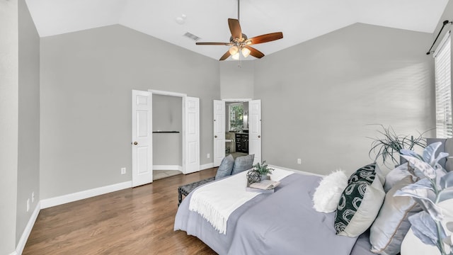 5709 Courtney Cir, Haltom City, TX 76137 - bedroom with wood finished floors, high vaulted ceiling, a ceiling fan, and baseboards