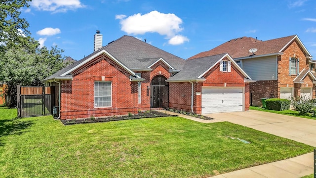 5709 Courtney Cir, Haltom City, TX 76137 - traditional-style house with brick siding, a chimney, driveway, an attached garage, and a shingled roof