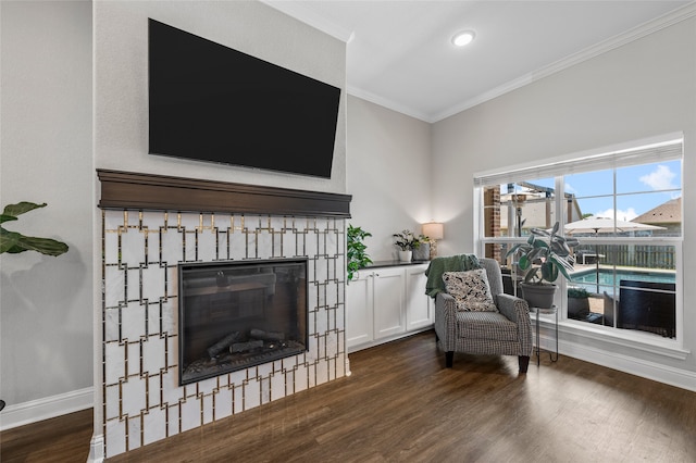 386 Cavitt Ct, Robinson, TX 76706 - living area with ornamental molding, dark wood finished floors, a fireplace, baseboards, and recessed lighting