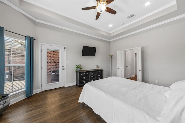 386 Cavitt Ct, Robinson, TX 76706 - bedroom featuring access to outside, dark wood-type flooring, crown molding, recessed lighting, and ceiling fan