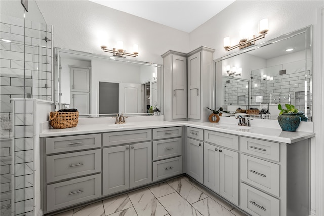 386 Cavitt Ct, Robinson, TX 76706 - full bath with double vanity, a tile shower, and marble look tiles