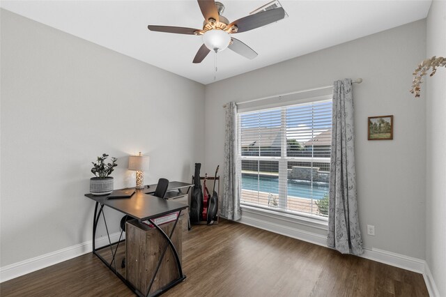 386 Cavitt Ct, Robinson, TX 76706 - home office featuring healthy amount of natural light, baseboards, dark wood-type flooring, and ceiling fan