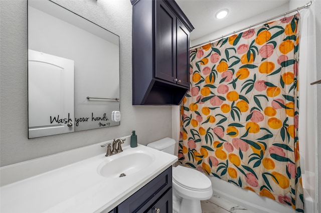 386 Cavitt Ct, Robinson, TX 76706 - full bathroom featuring vanity, toilet, shower / bath combo, recessed lighting, and marble finish floors