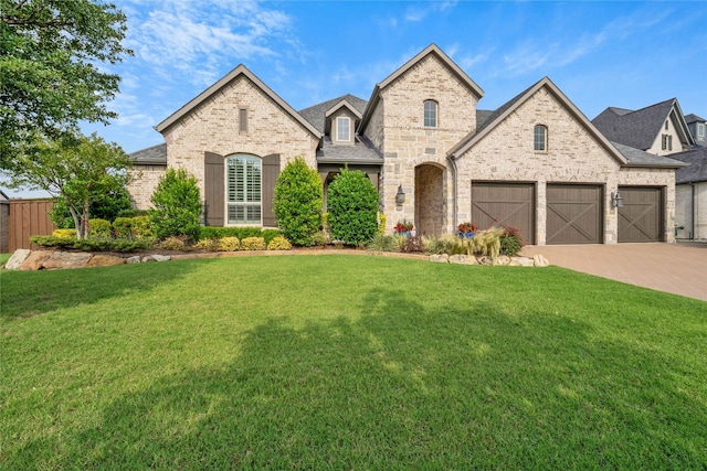 6286 Brentway Rd, Frisco, TX 75034 - french country style house featuring a front yard, a shingled roof, concrete driveway, and brick siding