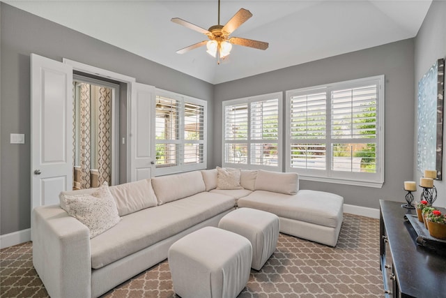 6286 Brentway Rd, Frisco, TX 75034 - living room with baseboards, ceiling fan, healthy amount of natural light, carpet floors, and lofted ceiling