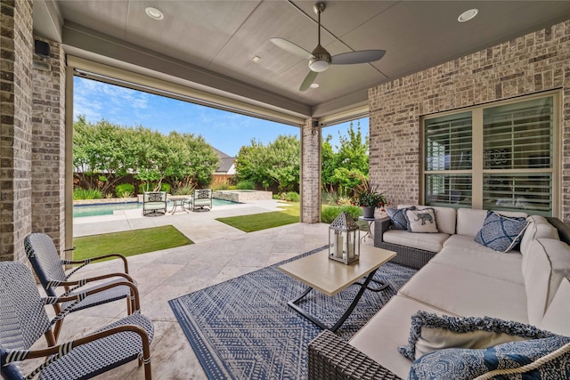 6286 Brentway Rd, Frisco, TX 75034 - fenced backyard featuring an outdoor living space, ceiling fan, and a patio area