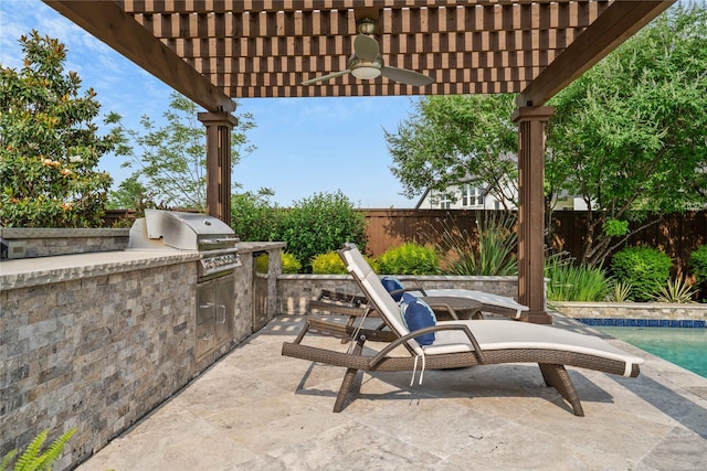 6286 Brentway Rd, Frisco, TX 75034 - fenced backyard with a pergola, a ceiling fan, and a patio area