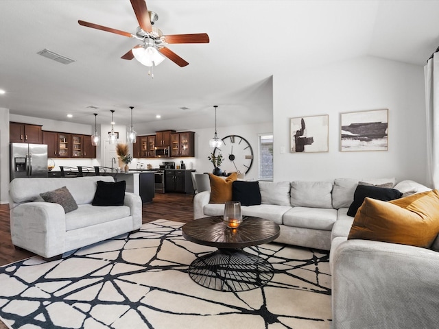 4148 Agatha Ln, Celina, TX 76227 - living room featuring wood finished floors, ceiling fan, recessed lighting, and vaulted ceiling