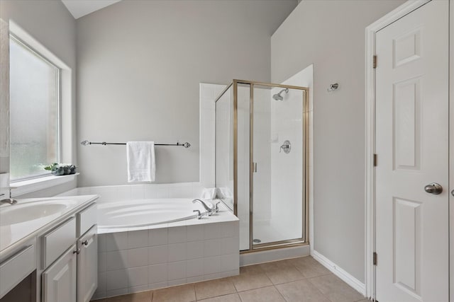 736 Kilbridge Ln, Coppell, TX 75019 - full bathroom with vanity, a garden tub, a shower stall, and tile patterned floors