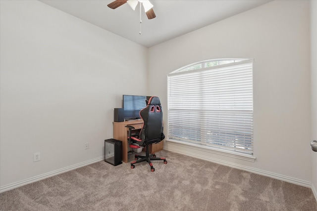 736 Kilbridge Ln, Coppell, TX 75019 - carpeted office featuring ceiling fan, baseboards, and lofted ceiling