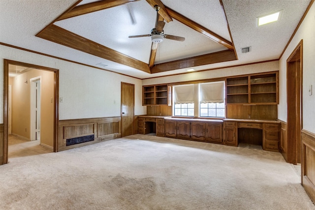 1719 Timberway Dr, Richardson, TX 75082 - unfurnished living room with ornamental molding, a textured ceiling, a ceiling fan, light colored carpet, and wainscoting