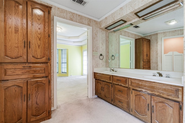 1719 Timberway Dr, Richardson, TX 75082 - full bathroom featuring wallpapered walls, crown molding, double vanity, and baseboards