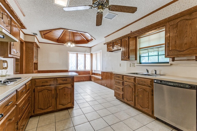 1719 Timberway Dr, Richardson, TX 75082 - kitchen with appliances with stainless steel finishes, a textured ceiling, ornamental molding, a sink, and light countertops