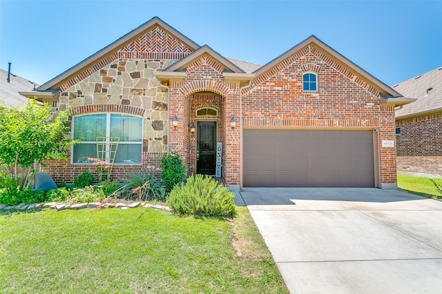 4012 Gennaker Dr, Denton, TX 76210 - view of front of house featuring concrete driveway, brick siding, an attached garage, a front lawn, and stone siding