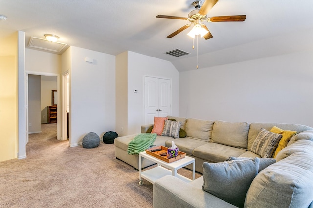 4012 Gennaker Dr, Denton, TX 76210 - living area with ceiling fan, light colored carpet, attic access, and lofted ceiling