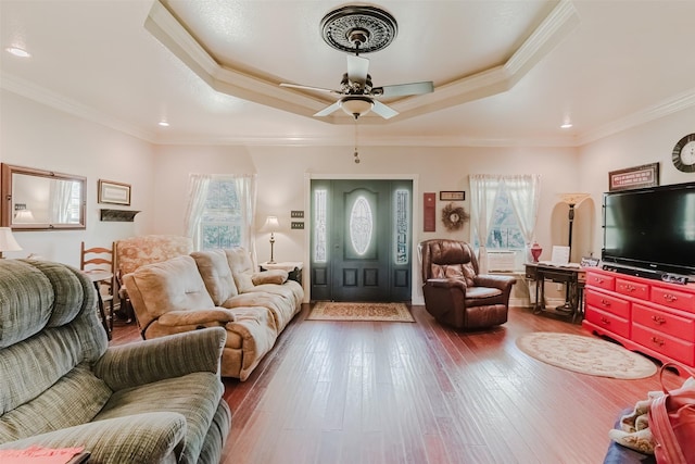 239 County Road 3586, Paradise, TX 76073 - living area with healthy amount of natural light, a tray ceiling, ceiling fan, ornamental molding, and recessed lighting