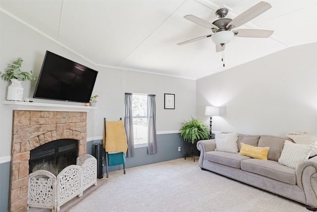 239 County Road 3586, Paradise, TX 76073 - living area with carpet floors, a ceiling fan, and a fireplace