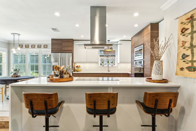 605 Cliffside Dr, Richardson, TX 75080 - kitchen with island range hood, stainless steel appliances, modern cabinets, a sink, and light countertops